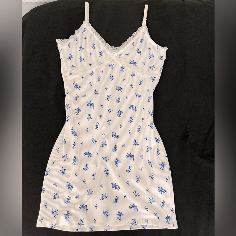 Above the knee blue and white dress